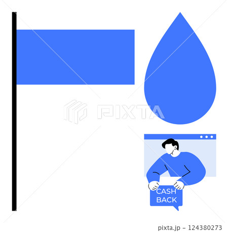 Blue flag on a vertical black pole, large blue teardrop shape above a person holding a cashback sign on a website interface. Ideal for marketing, finance, e-commerce, online shopping, and promotion 124380273