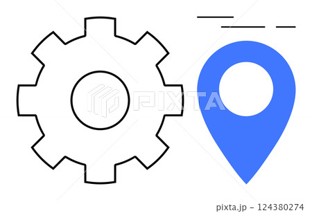 Gear icon next to blue location pin with lines symbolizing movement or speed. Ideal for settings, location services, travel planning, GPS navigation, tech user interfaces, map applications 124380274