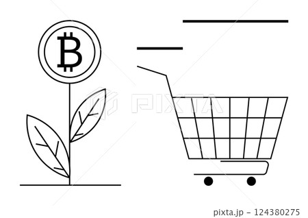 A plant with a Bitcoin symbol on the left and a shopping cart on the right. Ideal for economics, digital currency, investment, e-commerce, online shopping. Simple minimalist black and white style 124380275