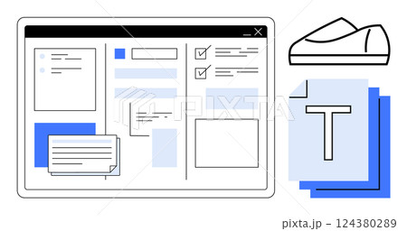 Digital document editing interface with various windows and checklist, accompanied by a shoe design sketch and overlapping text documents. Ideal for project management, design, editorial work 124380289