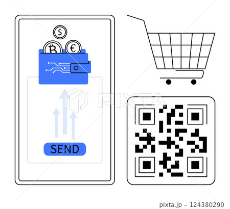 Mobile wallet with cryptocurrency Bitcoin Euro and Dollar coins arrows pointing up send button QR code and shopping cart. Ideal for online transactions digital payments e-commerce cryptocurrency Mobile wallet with cryptocurrency Bitcoin Euro and Dollar coins arrows pointing up send button QR code and shopping cart. Ideal for online transactions digital payments e-commerce cryptocurrency 124380290