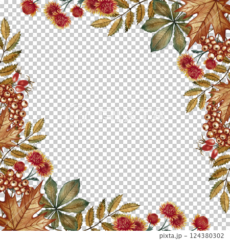 A frame with autumn leaves, flowers, mountain ash and other autumn elements. Handmade watercolor illustration. Color image, for greeting and invitation cards, banners and posters,flyers. A frame with autumn leaves, flowers, mountain ash and other autumn elements. Handmade watercolor illustration. Color image, for greeting and invitation cards, banners and posters,flyers. 124380302