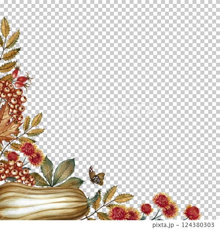 Autumn corner frame with pumpkin, flowers, leaves and mountain ash. Handmade watercolor illustration. Color image for the autumn holiday, for greeting and invitation cards, banners and posters. Autumn corner frame with pumpkin, flowers, leaves and mountain ash. Handmade watercolor illustration. Color image for the autumn holiday, for greeting and invitation cards, banners and posters. 124380303