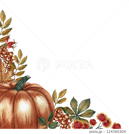 Autumn frame with orange pumpkin, flowers, leaves and mountain ash. Handmade watercolor illustration. Color image for the autumn holiday, for greeting and invitation cards, banners and posters. Autumn frame with orange pumpkin, flowers, leaves and mountain ash. Handmade watercolor illustration. Color image for the autumn holiday, for greeting and invitation cards, banners and posters. 124380304
