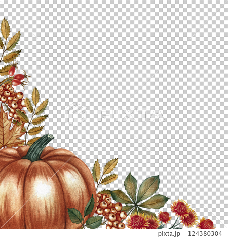 Autumn frame with orange pumpkin, flowers, leaves and mountain ash. Handmade watercolor illustration. Color image for the autumn holiday, for greeting and invitation cards, banners and posters. Autumn frame with orange pumpkin, flowers, leaves and mountain ash. Handmade watercolor illustration. Color image for the autumn holiday, for greeting and invitation cards, banners and posters. 124380304
