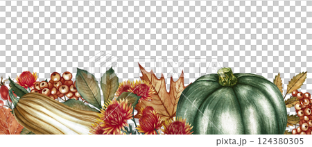 Border frame with autumn pumpkins, flowers, leaves and mountain ash. Handmade watercolor illustration. Color image for autumn holidays, greeting and invitation cards, banners and posters. 124380305