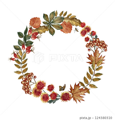 Round frame with autumn leaves, flowers, mountain ash and other autumn elements. Handmade watercolor illustration. Color image. For greeting and invitation cards, banners and posters, stickers, prints 124380310