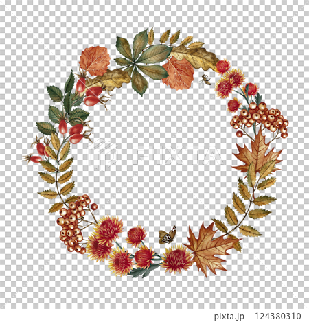 Round frame with autumn leaves, flowers, mountain ash and other autumn elements. Handmade watercolor illustration. Color image. For greeting and invitation cards, banners and posters, stickers, prints 124380310