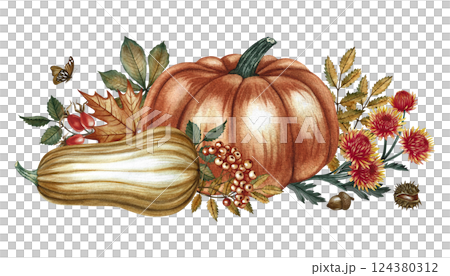 Autumn composition with pumpkins, flowers and leaves. Handmade watercolor illustration. Color image of the autumn harvest. For greeting and invitation cards, posters, stickers, prints and banners. Autumn composition with pumpkins, flowers and leaves. Handmade watercolor illustration. Color image of the autumn harvest. For greeting and invitation cards, posters, stickers, prints and banners. 124380312
