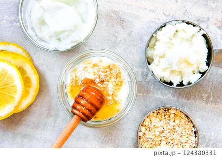Natural Homemade Face Scrub Mask Coconut Oil, Honey, Yogurt, Oatmeal 124380331