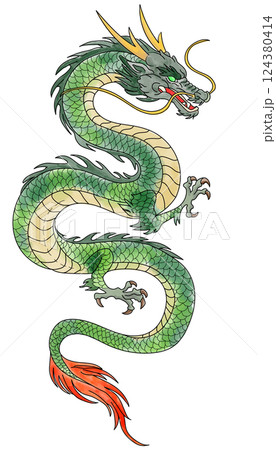 鮮やかな水彩タッチの東洋の緑色の龍のイラスト 124380414