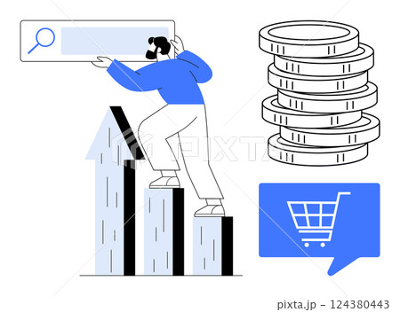 Businessman climbing bar graph with upward arrow, holding search bar. Stack of coins and shopping cart icon. Ideal for business strategy, eCommerce, financial growth, online marketing, economic 124380443
