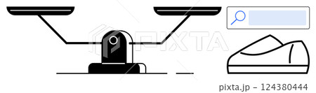 Balancing scale with magnifying glass and shoe. Ideal for concepts of justice, economy, comparison, search, evaluation, shopping, balance. Line metaphor 124380444