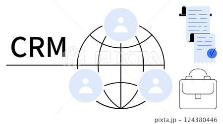 A globe with user icons represents a CRM network. Documents and a briefcase symbolize business elements. Ideal for customer management, sales, networking, business solutions, and team collaboration 124380446