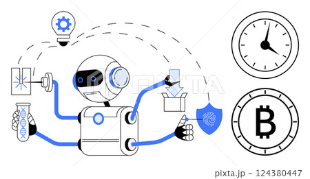 Robot with four arms performing tasks including light bulb innovation, security scanning, scientific research, and box packaging. Clock and Bitcoin symbols to the right. Ideal for technology Robot with four arms performing tasks including light bulb innovation, security scanning, scientific research, and box packaging. Clock and Bitcoin symbols to the right. Ideal for technology 124380447