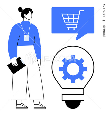 Female professional holding clipboard and wearing blue attire with speech bubble showing shopping cart and light bulb with gear inside. Ideal for e-commerce, business strategy, planning, data 124380473