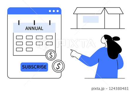 Woman pointing to a digital annual subscription calendar with money symbols and a subscribe button. Ideal for online subscriptions, financial planning, budgeting, e-commerce, and time management Woman pointing to a digital annual subscription calendar with money symbols and a subscribe button. Ideal for online subscriptions, financial planning, budgeting, e-commerce, and time management 124380481