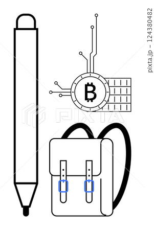 A minimalistic representation of a digital pen, a cryptocurrency Bitcoin symbol with circuit elements, and a backpack. Ideal for technology education, digital economy, school accessories, modern A minimalistic representation of a digital pen, a cryptocurrency Bitcoin symbol with circuit elements, and a backpack. Ideal for technology education, digital economy, school accessories, modern 124380482