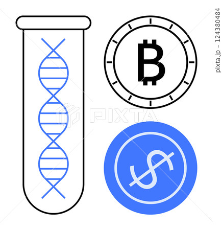 DNA helix inside a test tube, Bitcoin symbol, and Dollar symbol. Ideal for biotechnology, finance, innovation, cryptocurrency, investment, genetics, and medical research themes. Line metaphor 124380484