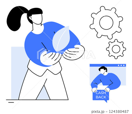 Woman holds a leaf, symbolizing eco-friendliness gears and a cashback icon represent technical and financial themes. Ideal for eco-friendly, technology, finance, cashback, and sustainability. Modern Woman holds a leaf, symbolizing eco-friendliness gears and a cashback icon represent technical and financial themes. Ideal for eco-friendly, technology, finance, cashback, and sustainability. Modern 124380487