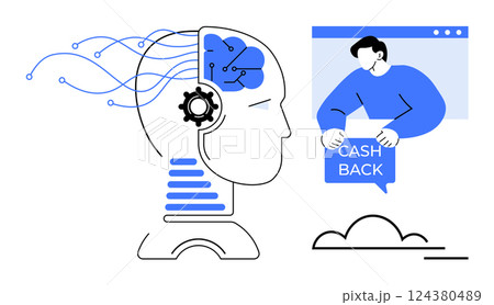 A human head with mechanical and digital elements connects to an online person holding a cash, back sign making an ideal imagery for themes like technology innovation artificial intelligence online A human head with mechanical and digital elements connects to an online person holding a cash, back sign making an ideal imagery for themes like technology innovation artificial intelligence online 124380489