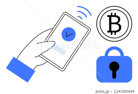 A hand holding a smartphone with a check mark, a Bitcoin symbol, and a security lock icon in blue and black colors. Ideal for mobile payments, cryptocurrency, digital security, fintech A hand holding a smartphone with a check mark, a Bitcoin symbol, and a security lock icon in blue and black colors. Ideal for mobile payments, cryptocurrency, digital security, fintech 124380494