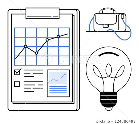Business growth chart with upward-trending line on clipboard, briefcase, and lightbulb. Ideal for business, entrepreneurship, innovation, strategy, planning, idea generation, and professional growth 124380495