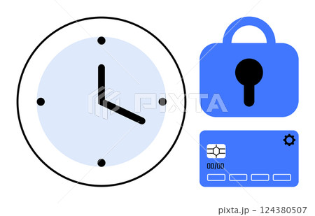 Minimalistic design with a clock wireframe, padlock, and chip credit card. Ideal for time management, data security, financial security, privacy protection, online transactions. Blue black colors 124380507