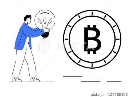 Person holding light bulb approaching large Bitcoin symbol. Ideal for cryptocurrency, innovation, investment, technology, blockchain, finance, digital currency themes. Line metaphor 124380508