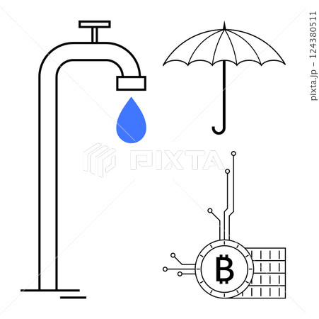 A water faucet with a blue drop, an umbrella, and a Bitcoin symbol connected with circuit lines. Ideal for financial security water conservation technology cryptocurrency protection and digital A water faucet with a blue drop, an umbrella, and a Bitcoin symbol connected with circuit lines. Ideal for financial security water conservation technology cryptocurrency protection and digital 124380511