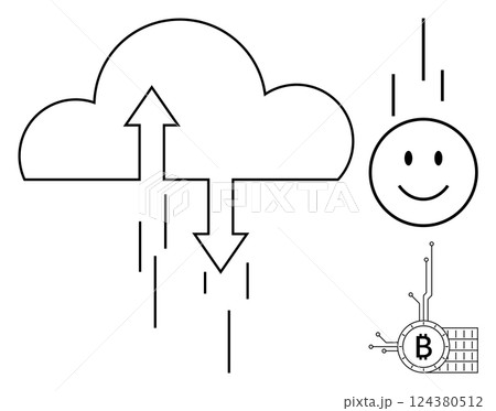 Cloud with up and down arrows, smiling face, and Bitcoin symbol with circuitry on white background. Ideal for technology, cryptocurrency, data transfer, cloud computing, and digital finance. Line art Cloud with up and down arrows, smiling face, and Bitcoin symbol with circuitry on white background. Ideal for technology, cryptocurrency, data transfer, cloud computing, and digital finance. Line art 124380512