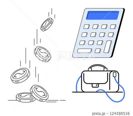 Falling coins, a digital calculator, and a briefcase. Ideal for finance, accounting, investment, business, budgeting, financial planning, and savings Line metaphor 124380516