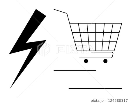 Black shopping cart and lightning bolt in minimalistic design suggest speed and power in commerce and online shopping. Ideal for e-commerce, delivery services, modern retail, fast service, efficient 124380517