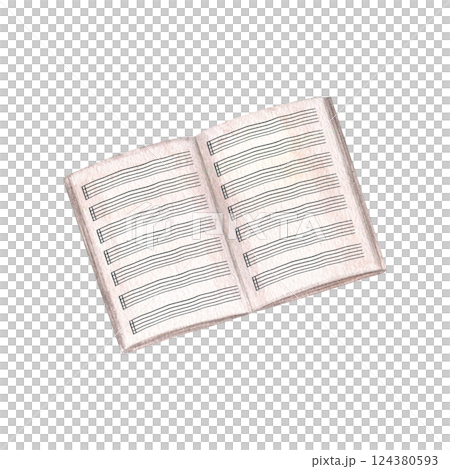 Open blank music notebook with staff watercolor illustration. Old Sheet Music paper with note stave grid and without note. Lined page template for musical education, lesson design 124380593