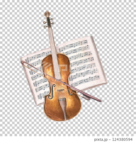 Violin with bow and open music notebook watercolor illustration isolated background. String instrument on musical paper with note stave. For musical education, poster, greeting card 124380594