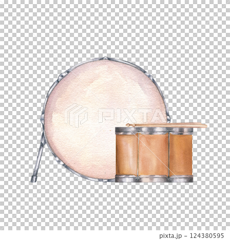 Watercolor drums with sticks illustration isolated background. Percussion musical instrument in realistic style. Hand painted orchestra element for jazz, rock festival poster, invitation Watercolor drums with sticks illustration isolated background. Percussion musical instrument in realistic style. Hand painted orchestra element for jazz, rock festival poster, invitation 124380595