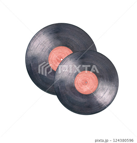 Two black vinyl records watercolor illustration isolated background. Vintage gramophone record disk colorful label in realistic style. Musical elements for music themed projects, festival poster 124380596