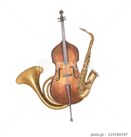 Double bass, French horn and saxophone watercolor illustration isolated background. Woodwind and string instruments composition. Orchestra elements for jazz festival design, invitation, greeting card Double bass, French horn and saxophone watercolor illustration isolated background. Woodwind and string instruments composition. Orchestra elements for jazz festival design, invitation, greeting card 124380597