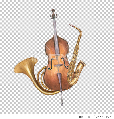 Double bass, French horn and saxophone watercolor illustration isolated background. Woodwind and string instruments composition. Orchestra elements for jazz festival design, invitation, greeting card Double bass, French horn and saxophone watercolor illustration isolated background. Woodwind and string instruments composition. Orchestra elements for jazz festival design, invitation, greeting card 124380597