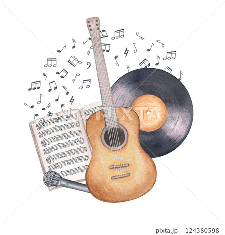 Six string guitar, microphone, vinyl record and open music notebook with musical notes watercolor illustration isolated background. Composition for themed projects, festival design, greeting card. 124380598