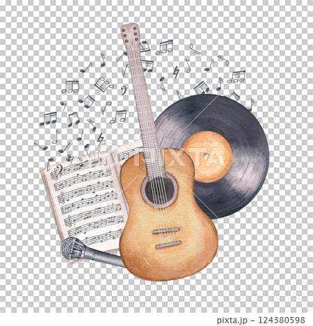 Six string guitar, microphone, vinyl record and open music notebook with musical notes watercolor illustration isolated background. Composition for themed projects, festival design, greeting card. 124380598