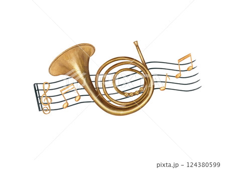 French horn and musical black staff with golden notes watercolor illustration isolated background. Wind instrument and note stave composition. for school lesson, festival design, concert poster 124380599