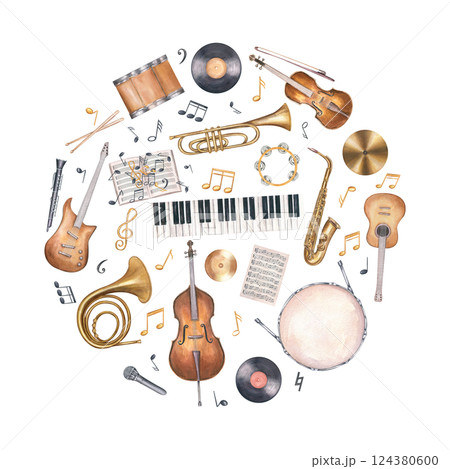 Watercolor drum kit, double bass, electric guitar, saxophone, trombone, piano and musical notes square frame isolated background. Musical percussion, string and wind instruments illustration for jazz 124380600