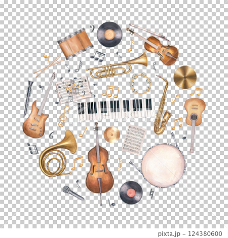 Watercolor drum kit, double bass, electric guitar, saxophone, trombone, piano and musical notes square frame isolated background. Musical percussion, string and wind instruments illustration for jazz 124380600