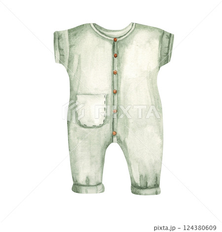 Baby Boy Bodysuit or Jumpsuit, Romper of green colors in Boho style. Watercolor Hand drawn Kids illustration of in Vintage style isolated on white background. Design Element for Gender party 124380609