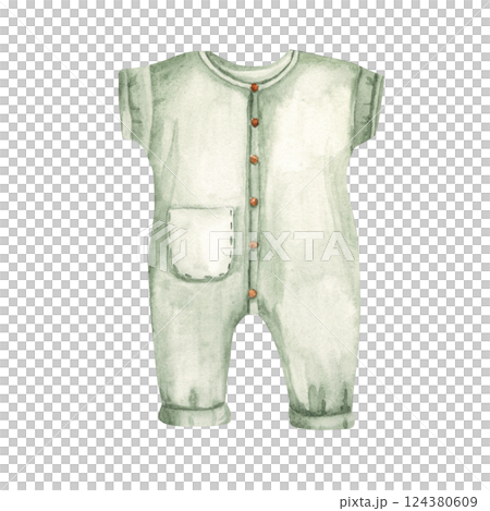 Baby Boy Bodysuit or Jumpsuit, Romper of green colors in Boho style. Watercolor Hand drawn Kids illustration of in Vintage style isolated on white background. Design Element for Gender party 124380609