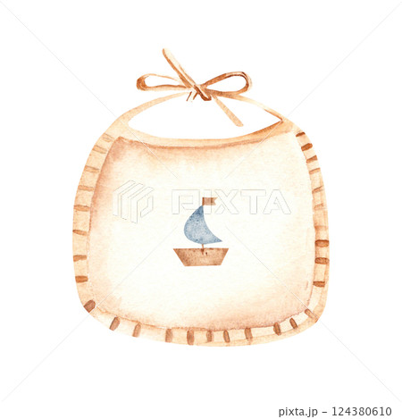 Newborn Baby beige Bib with ship, boat for boy. Watercolor hand drawn illustration of cute Infant accessory in eco style. For invitations, Gender party, Baby shower, Greeting cards, Nursery posters 124380610