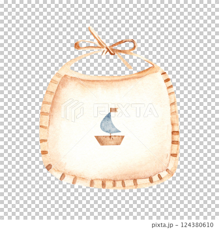 Newborn Baby beige Bib with ship, boat for boy. Watercolor hand drawn illustration of cute Infant accessory in eco style. For invitations, Gender party, Baby shower, Greeting cards, Nursery posters 124380610
