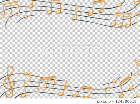 Yellow musical notes on black stave rectangle border with copy space for text. Golden sound symbols on staff watercolor illustration isolated background. Frame for concert, invitation, greeting card 124380619