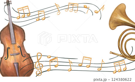 Double bass, French horn and musical notes on staff horizontal rectangle frame with empty space for text. Woodwind and string instruments watercolor illustration isolated background. For invitation. Double bass, French horn and musical notes on staff horizontal rectangle frame with empty space for text. Woodwind and string instruments watercolor illustration isolated background. For invitation. 124380622